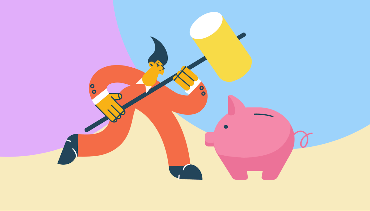 Illustration of student standing next to large piggy bank with a hammer