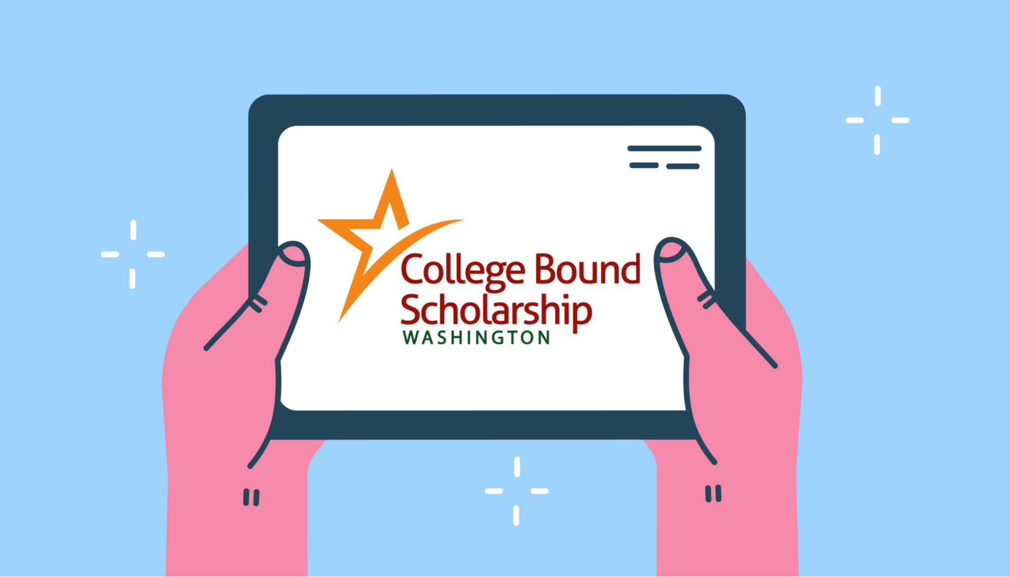 Illustration of student using laptop with College Bound Scholarship logo on screen.